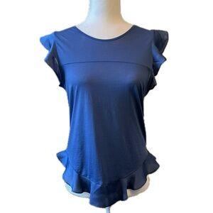 Women’s J. Crew Sleeveless Blouse Size XS Navy Blue Flutter Sleeves Ruffle Hem